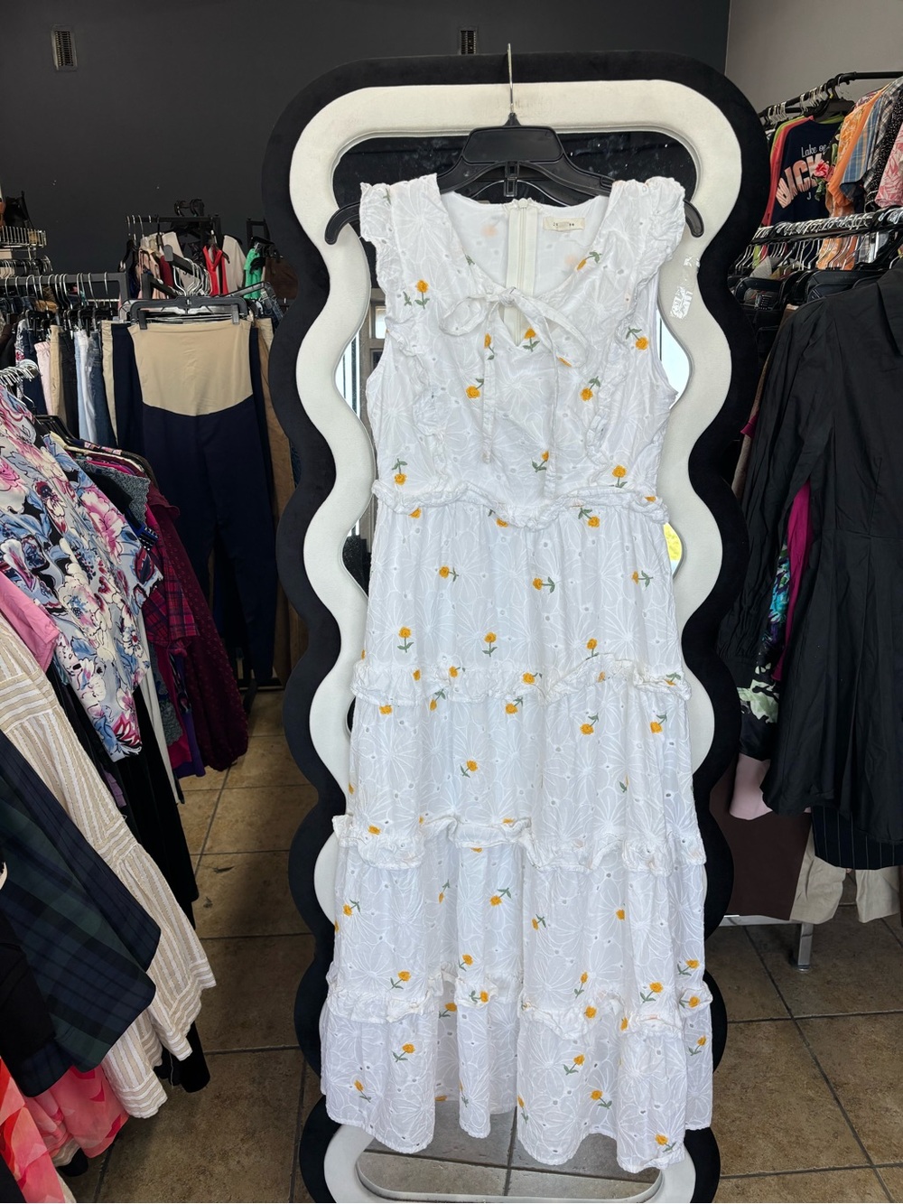 Just Me White Eyelet Maxi Dress with Yellow Floral Accents